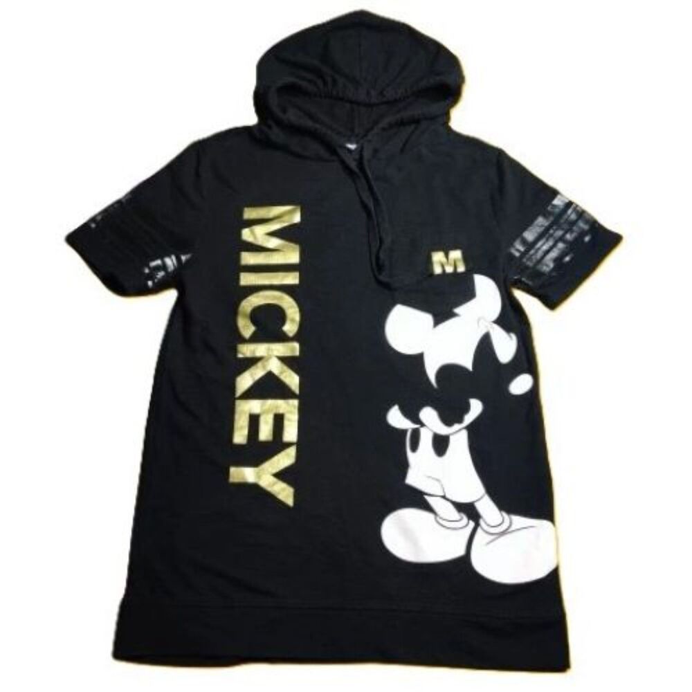 Disney Store Unisex Mickey Mouse Hoodie T Shirt Black Gold Graphic Short Sleeve